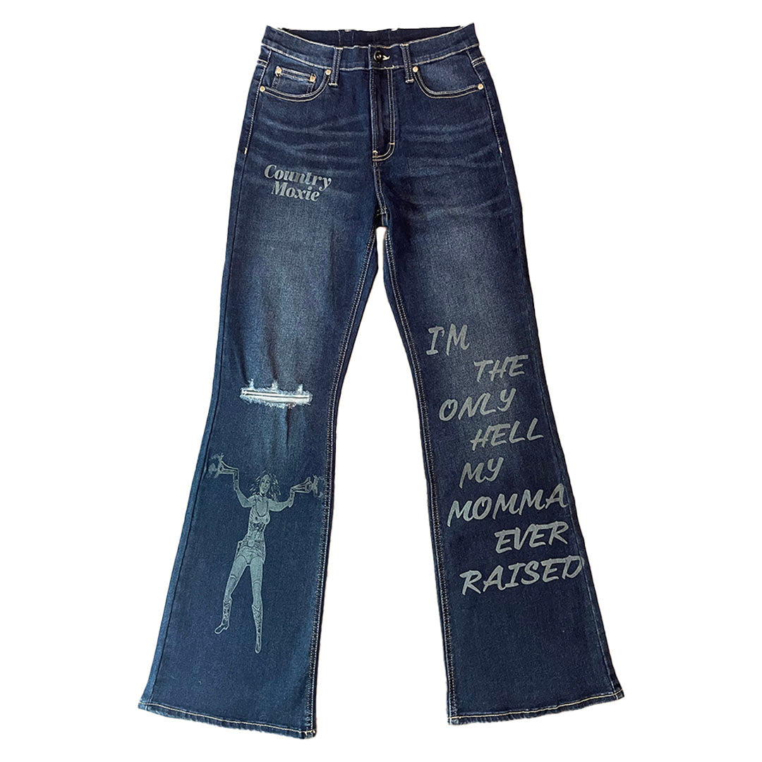 Women's "Rebel Spirit" Laser-Etched Flared Jeans