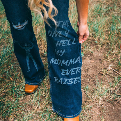 Women's "Rebel Spirit" Laser-Etched Flared Jeans